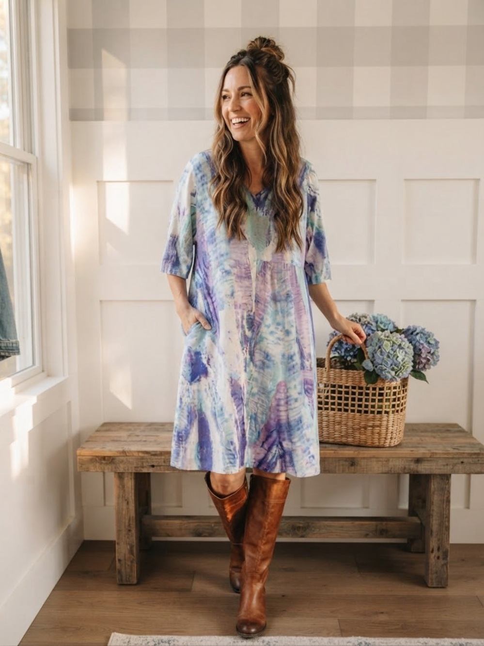 Soft Surroundings Lavender and Blue Tie-Dye V-Neck Midi Dress Large Petites